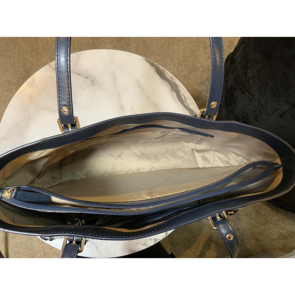 Michael Kors Blue Leather Logo Print Tote Handbag Dual Handles Sz 11x11 Luxe Bag - Picture 7 of 14